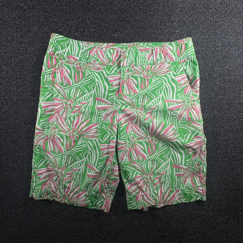 Lilly Pulitzer Resort Fit Shorts Womens 6 Green Pink Floral Cotton Bermuda
